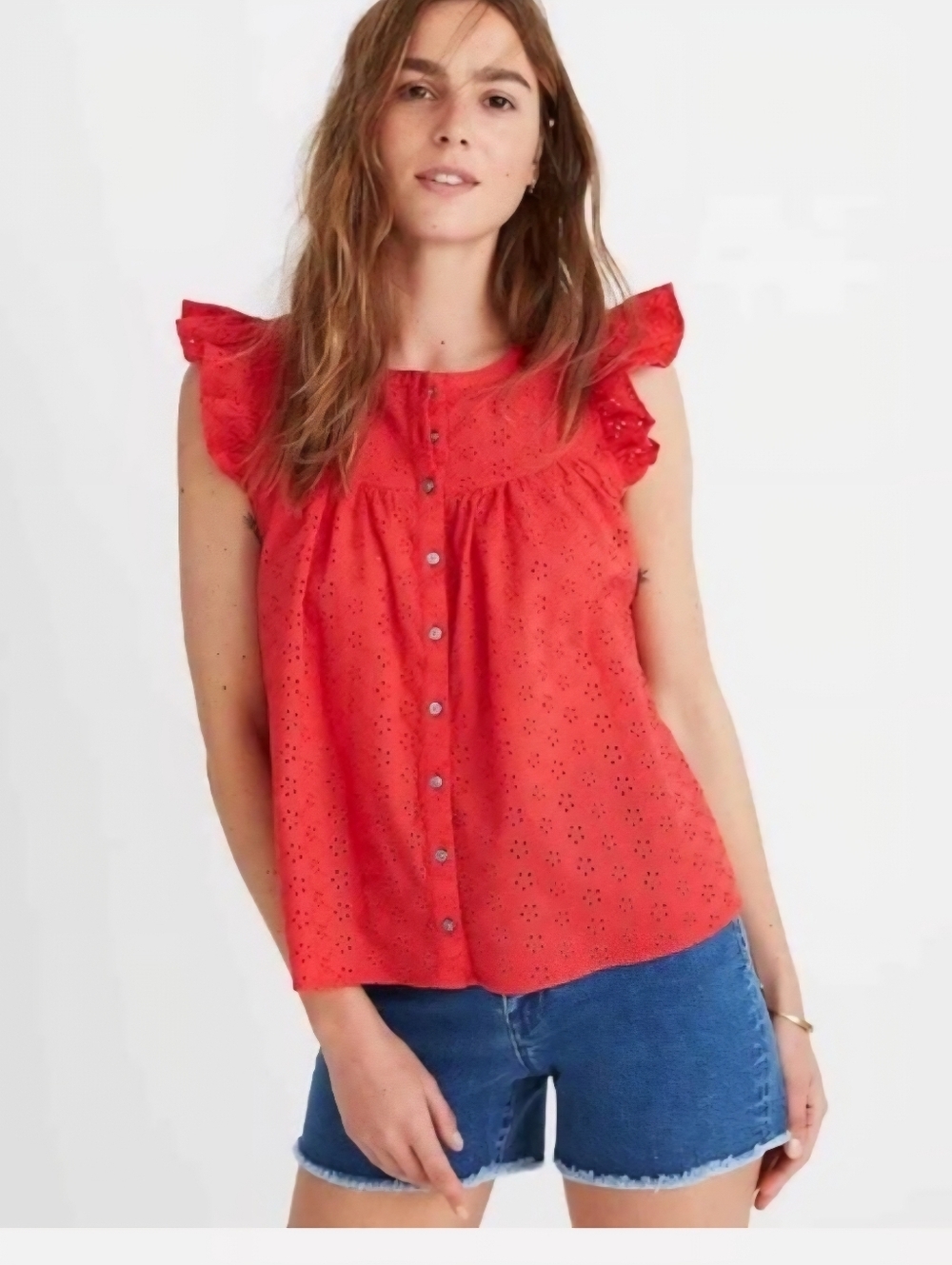 Madewell Red Floral Eyelet Ruffle Cap Sleeve Top Sz XXS